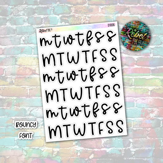 Week Day Initial Stickers - Extra Large - Bouncy Font