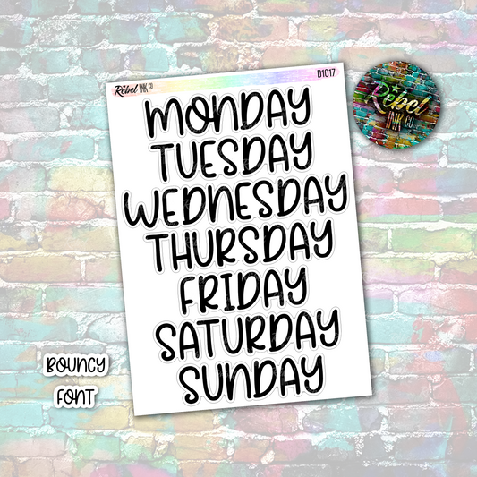 Week Day Stickers - Extra Large - Bouncy Font - B