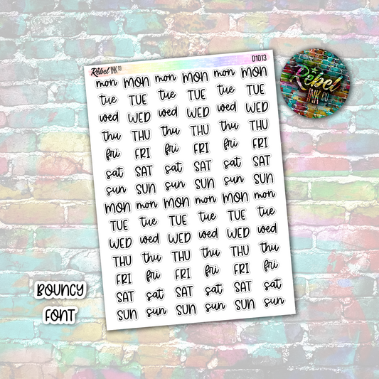 Week Day Abbreviated Stickers - Medium - Bouncy Font