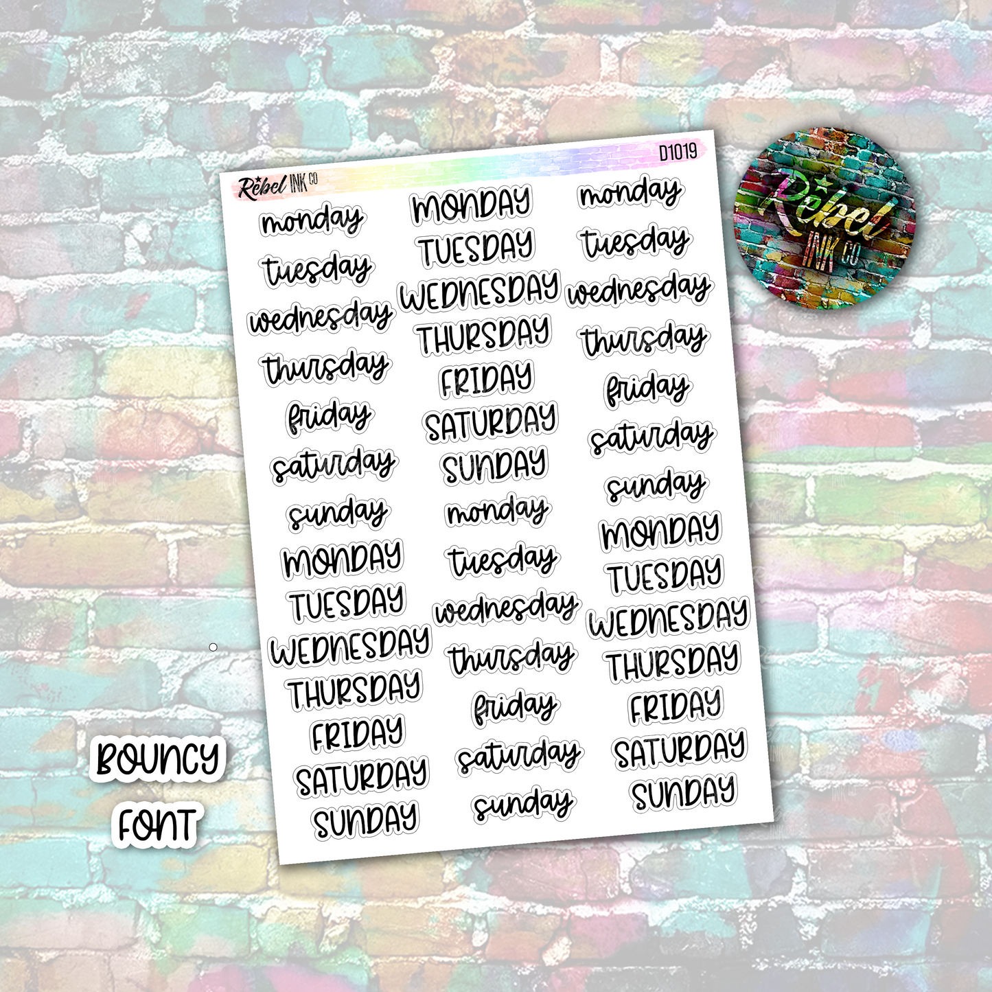 Week Day Stickers - Medium - Bouncy Font