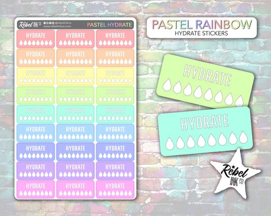 Hydrate Tracker Stickers - Pastel Rainbow Writeable Planner and Bullet Journal Stickers for Functional and Decorative Planning and Tracking