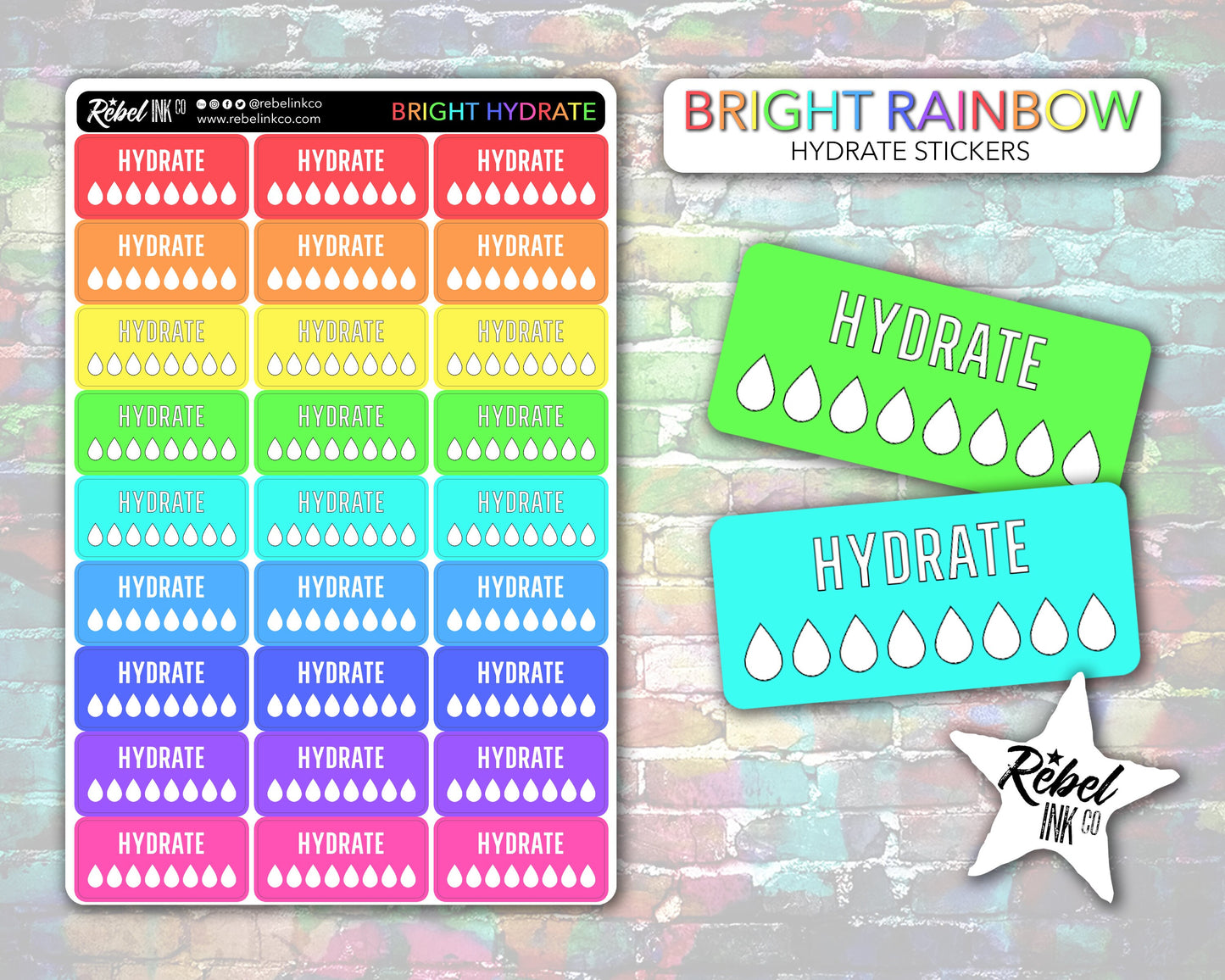 Hydrate Tracker Stickers - Bright Rainbow Writeable Planner and Bullet Journal Stickers for Functional and Decorative Planning and Tracking