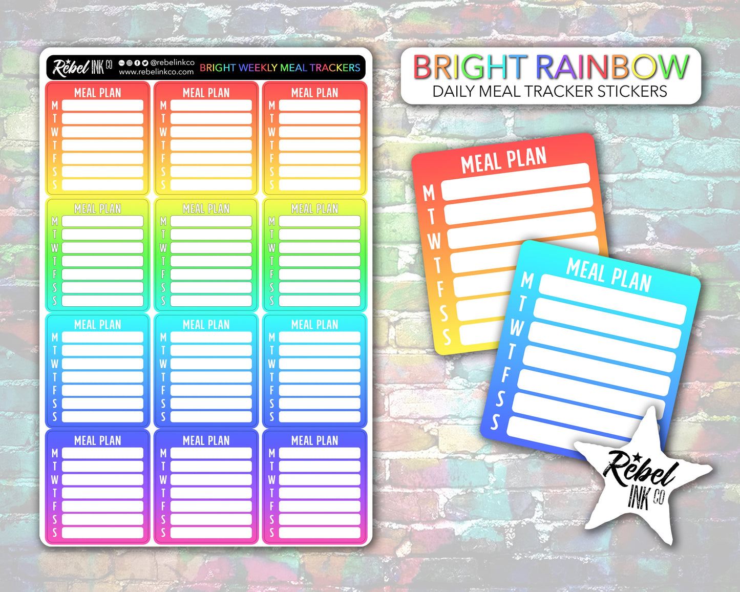 Weekly Meal Tracker Stickers - Bright Rainbow - Block Style