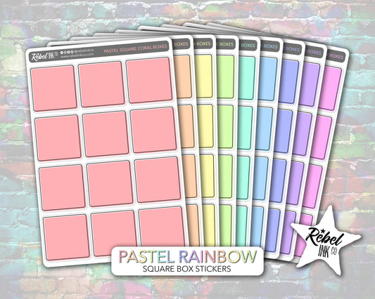 Square Box Stickers - Pastel Rainbow Writeable Planner and Bullet Journal Stickers for Functional and Decorative Planning and Colour Coding