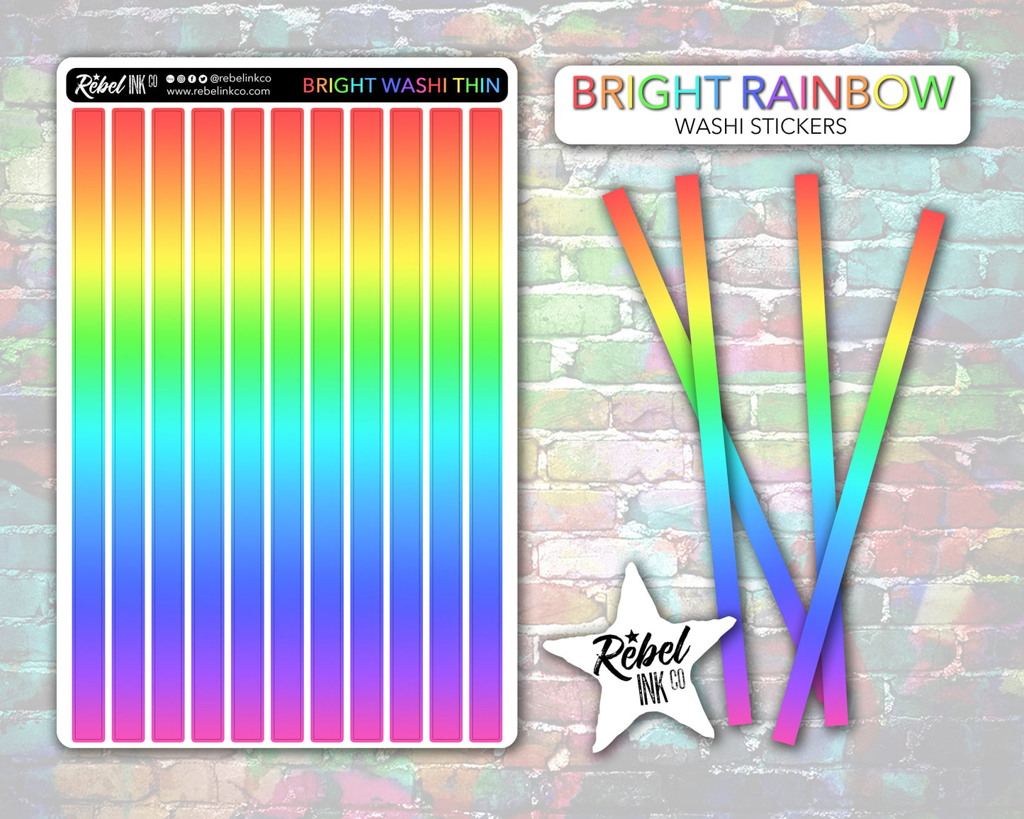 Rainbow Thin Washi Stickers - Bright Rainbow