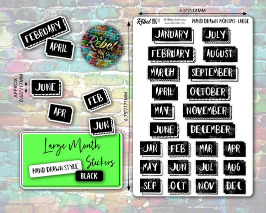 Month Stickers - Large - Black - Hand Drawn Style Date