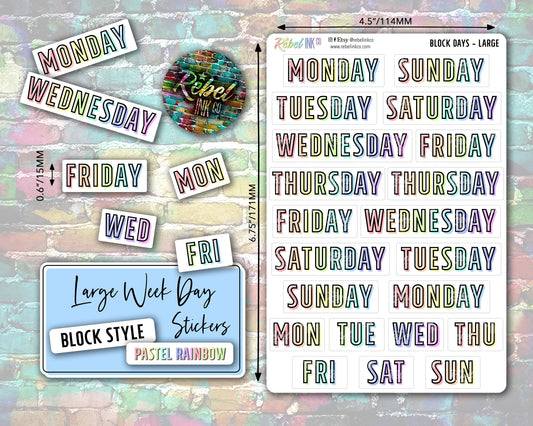 Week Day Stickers - Large - Pastel Rainbow - Block Style