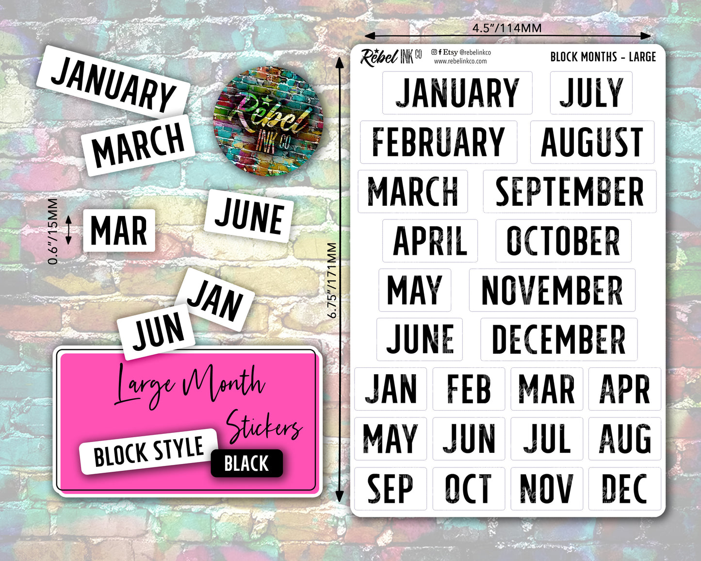 Month Stickers - Large - Black - Block Style