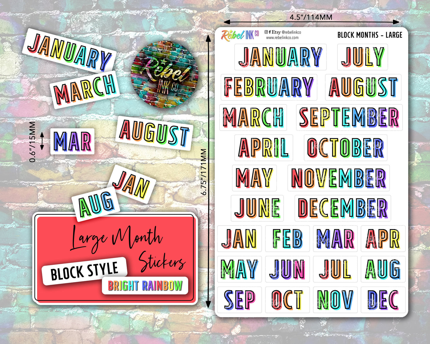 Month Stickers - Large - Bright Rainbow - Block Style