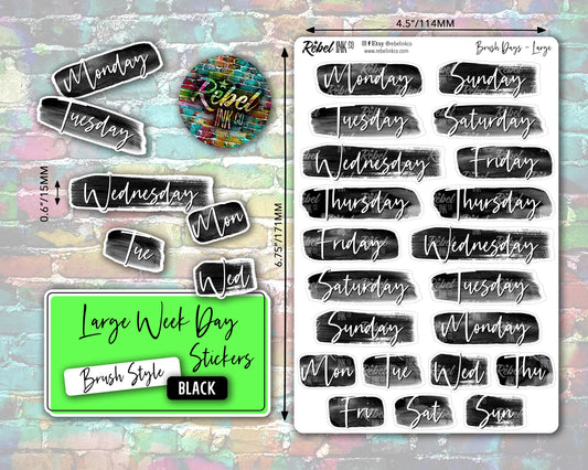 Week Day Stickers - Large - Black - Brush Style