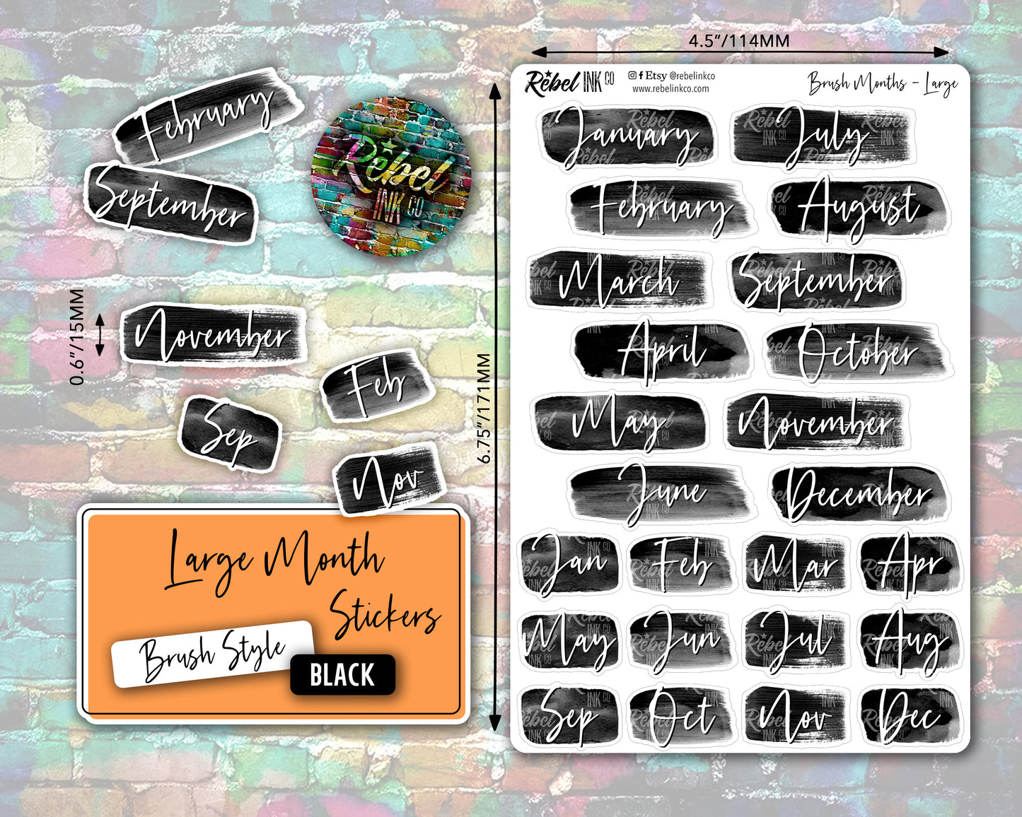 Month Stickers - Large - Black - Brush Style