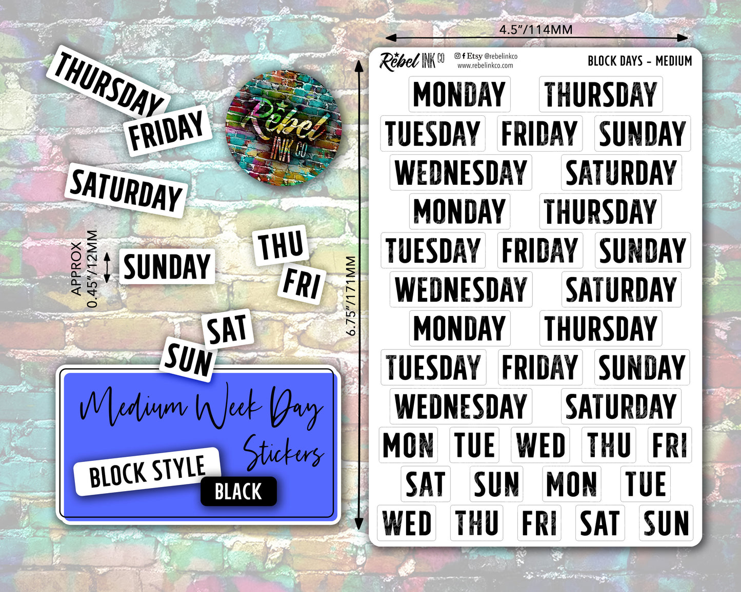 Week Day Stickers - Medium - Black - Block Style