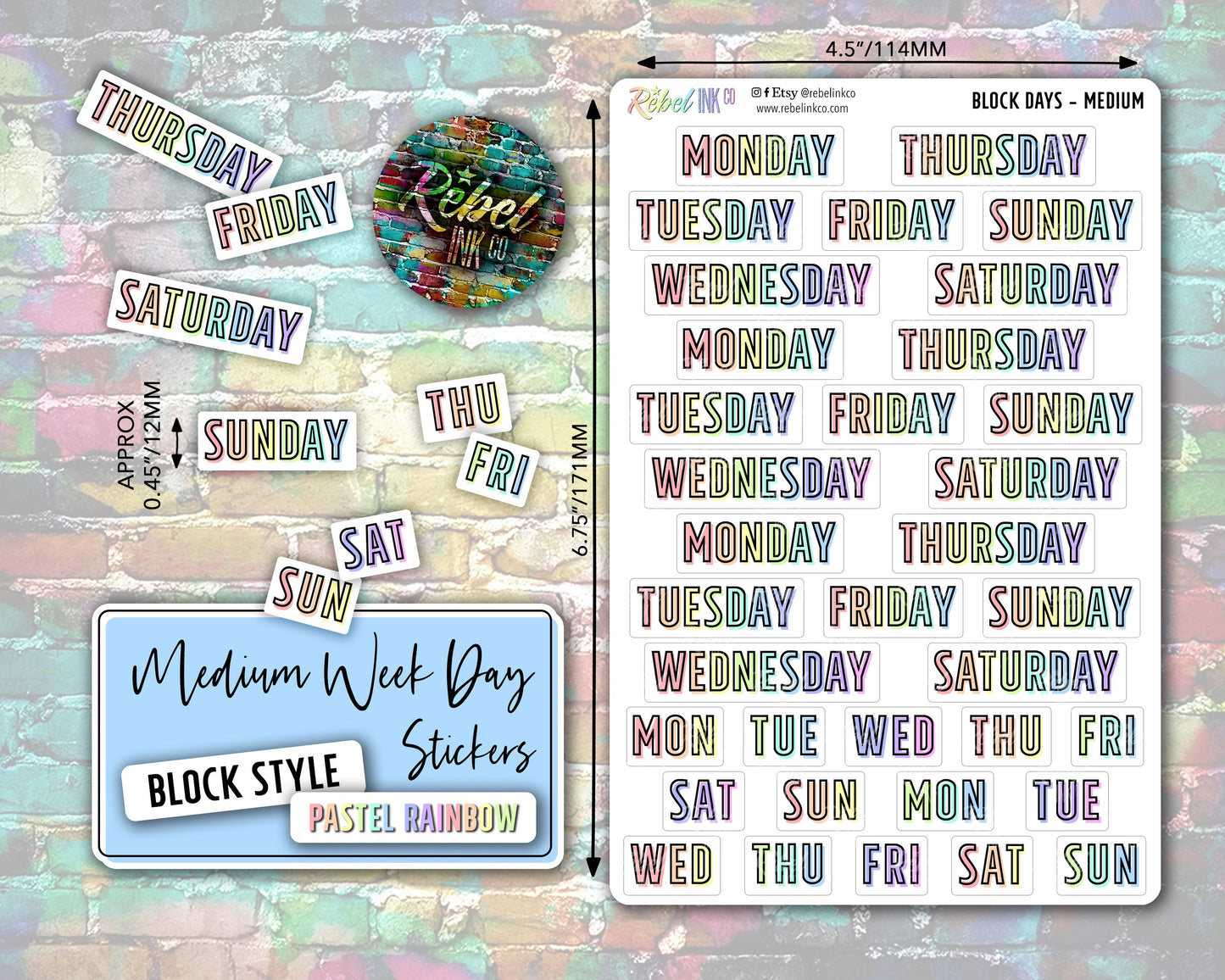 Week Day Stickers - Medium - Pastel Rainbow - Block Style