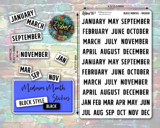 Month Stickers - Medium - Black - Block Style