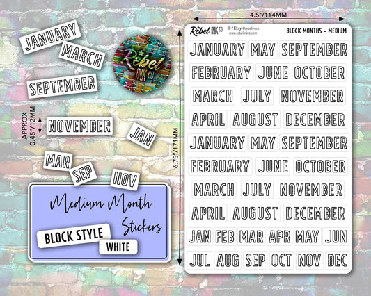 Month Stickers - Medium - White - Block Style