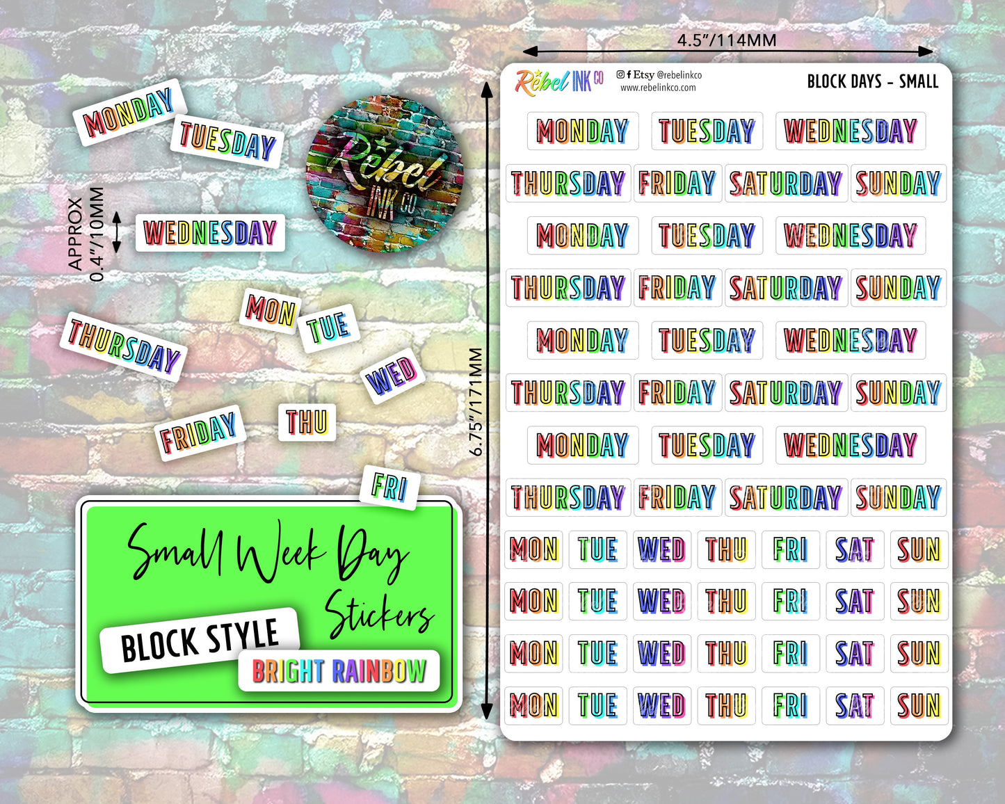 Week Day Stickers - Small - Bright Rainbow - Block Style