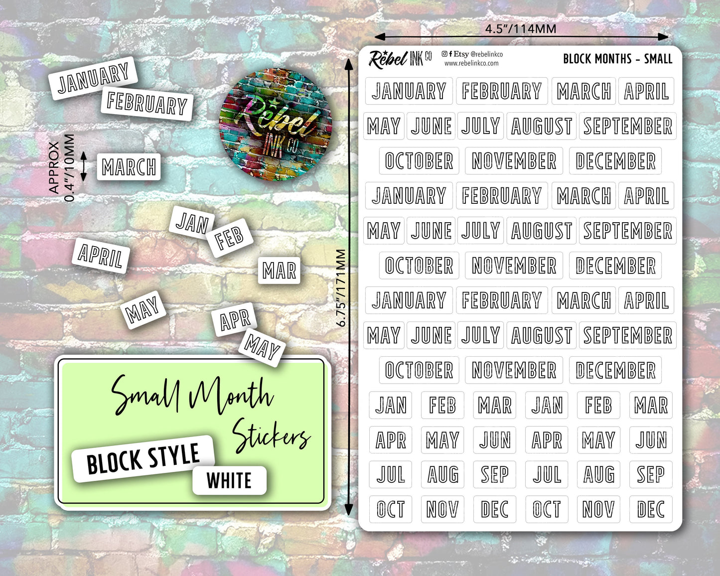 Month Stickers - Small - White Block Style