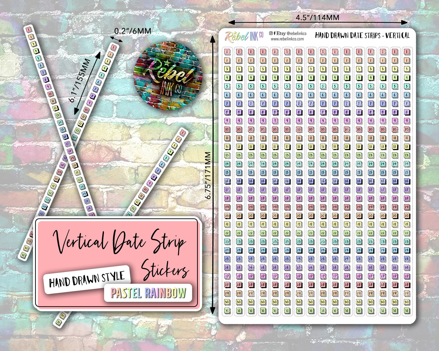 Vertical Date Strip Stickers - Pastel - Hand Drawn Style