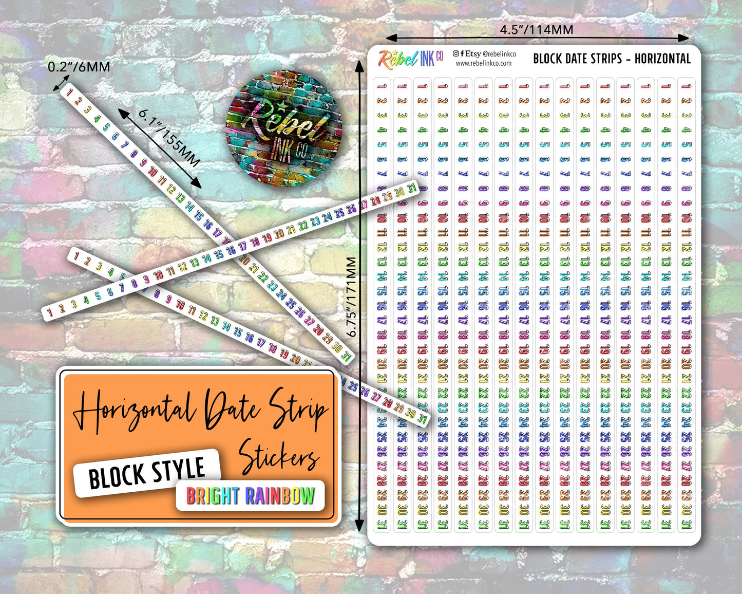 Horizontal Date Strip Stickers - Bright Rainbow - Block Style