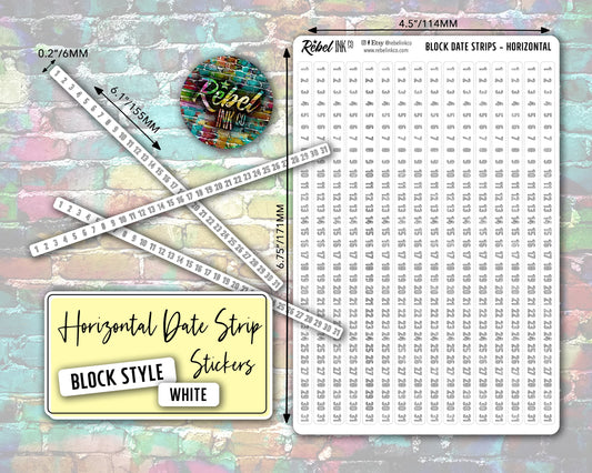 Horizontal Date Strip Stickers - White - Block Style