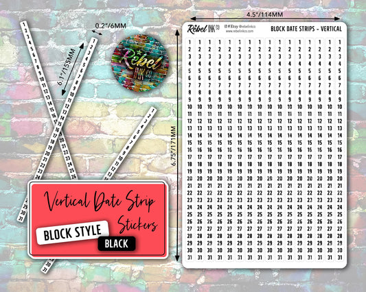 Vertical Date Strip Stickers - Black - Block Style