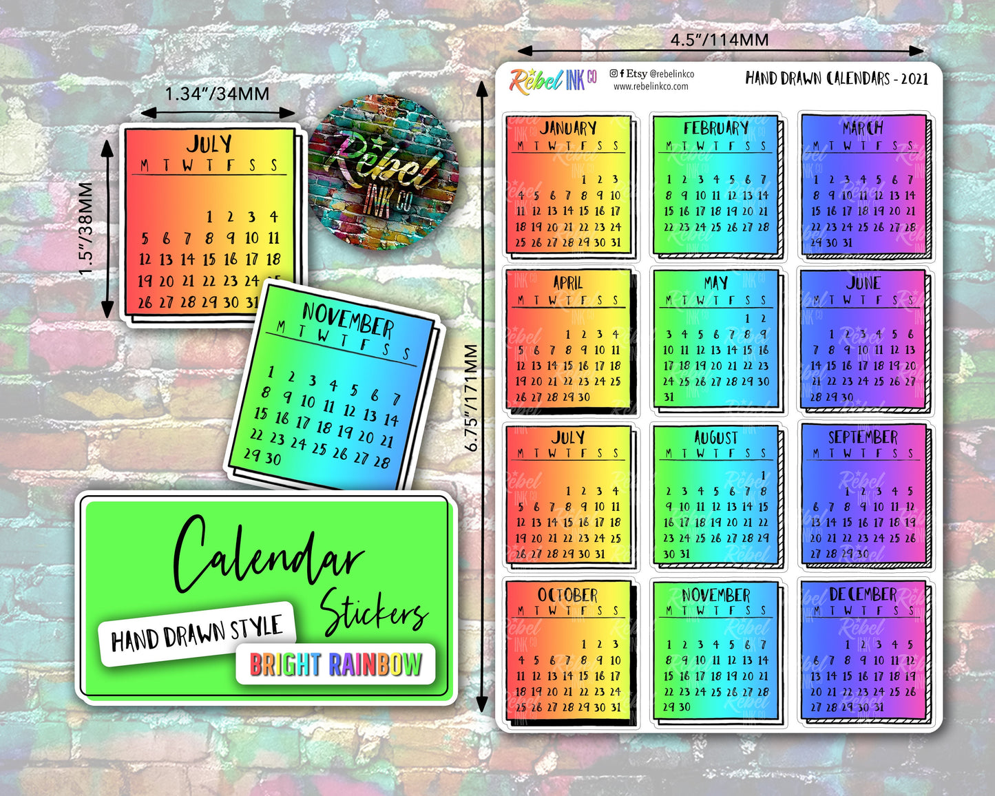 Calendar Stickers - Bright Rainbow - Hand Drawn Style