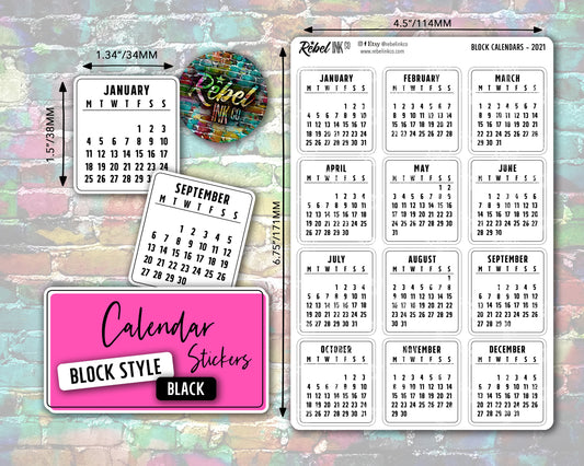 Calendar Stickers - Black - Block Style