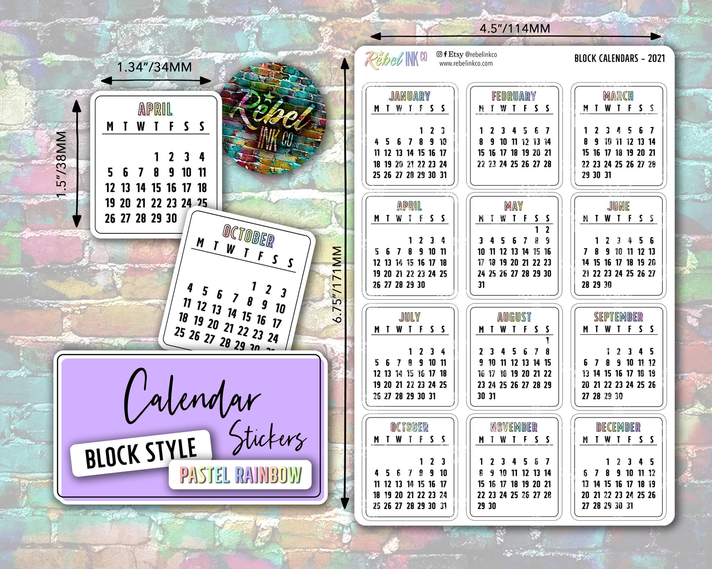 Calendar Stickers - Pastel Rainbow - Block Style