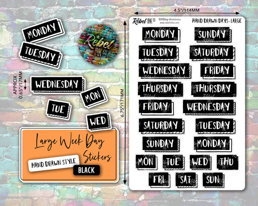 Week Day Stickers - Large - Black - Hand Drawn Style
