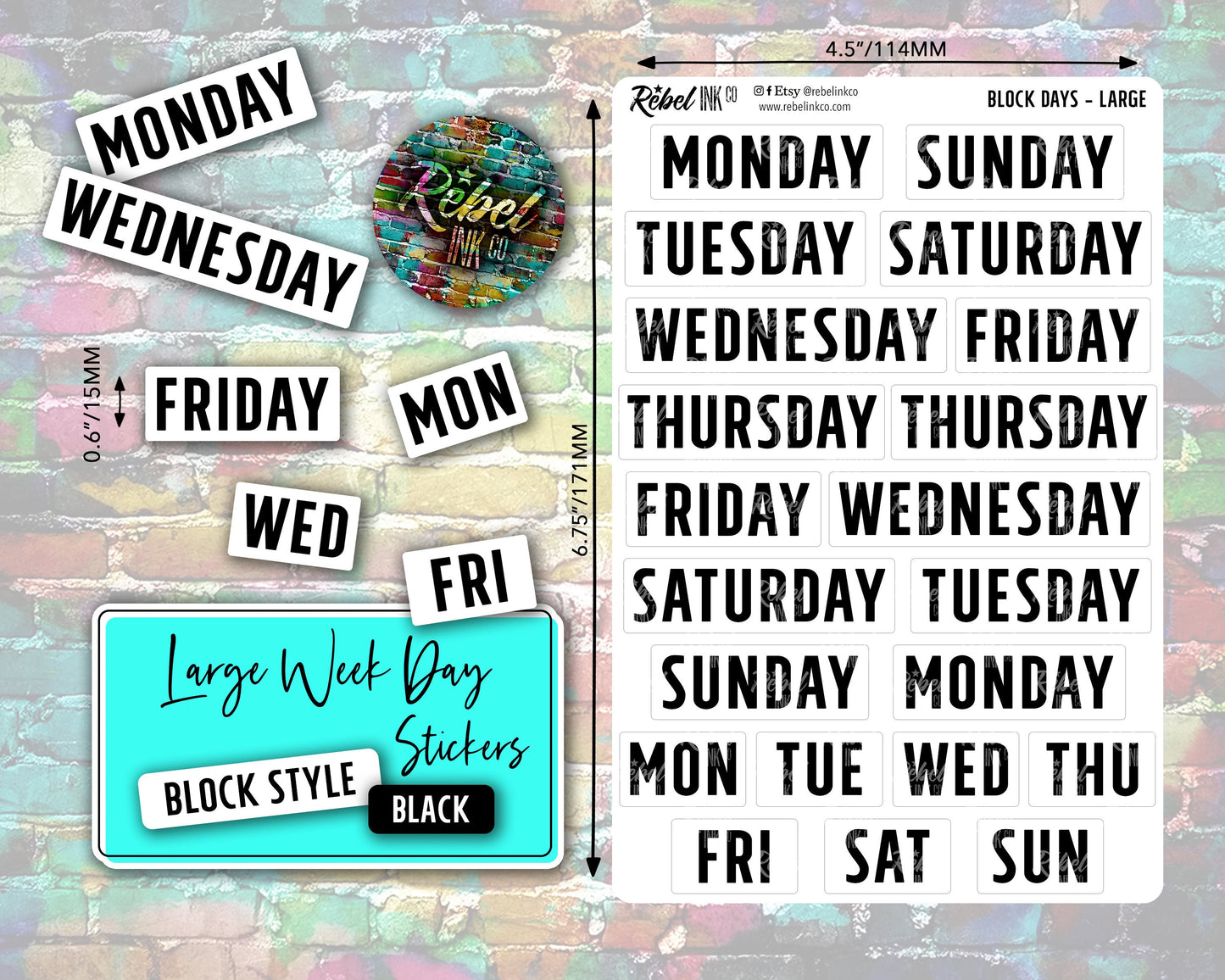 Week Day Stickers - Large - Black - Block Style
