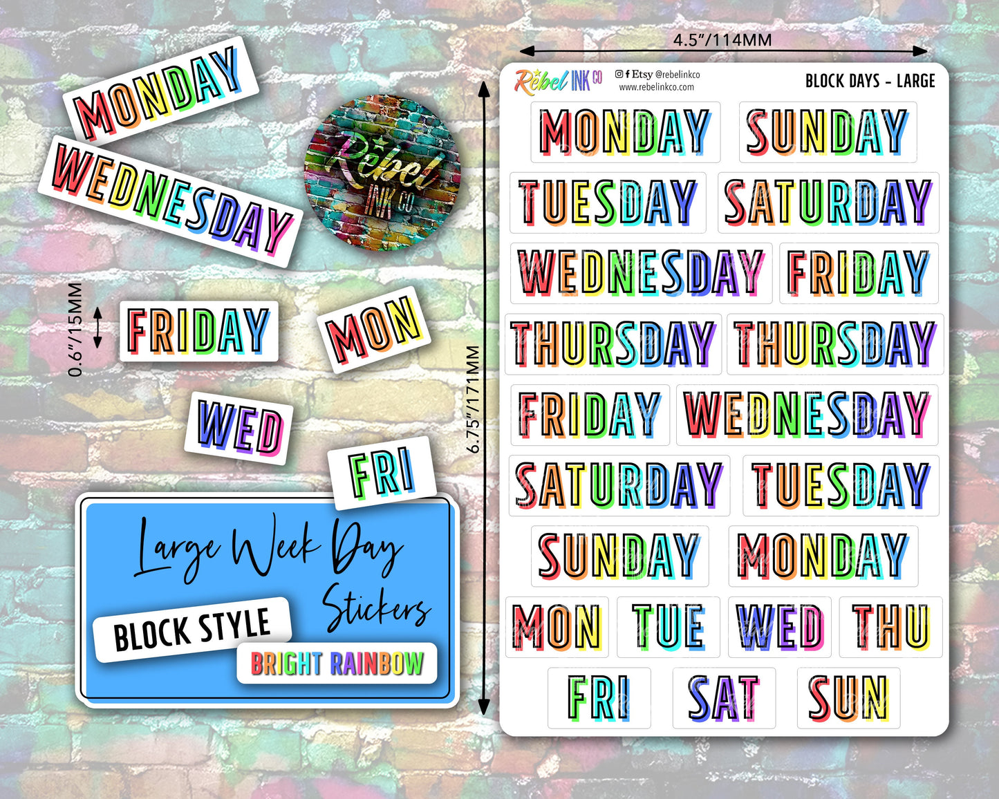 Week Day Stickers - Large - Bright Rainbow - Block Style