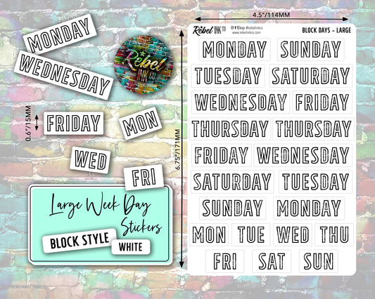 Week Day Stickers - Large - White - Block Style