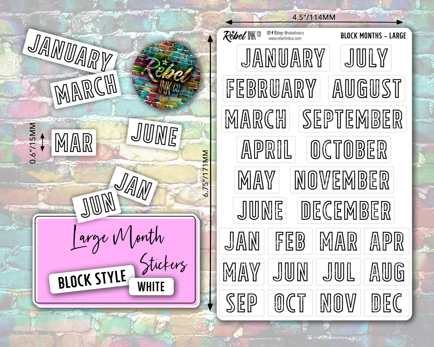 Month Stickers - Large - White - Block Style