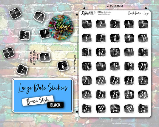 Date Number Stickers - Large - Black - Brush Style