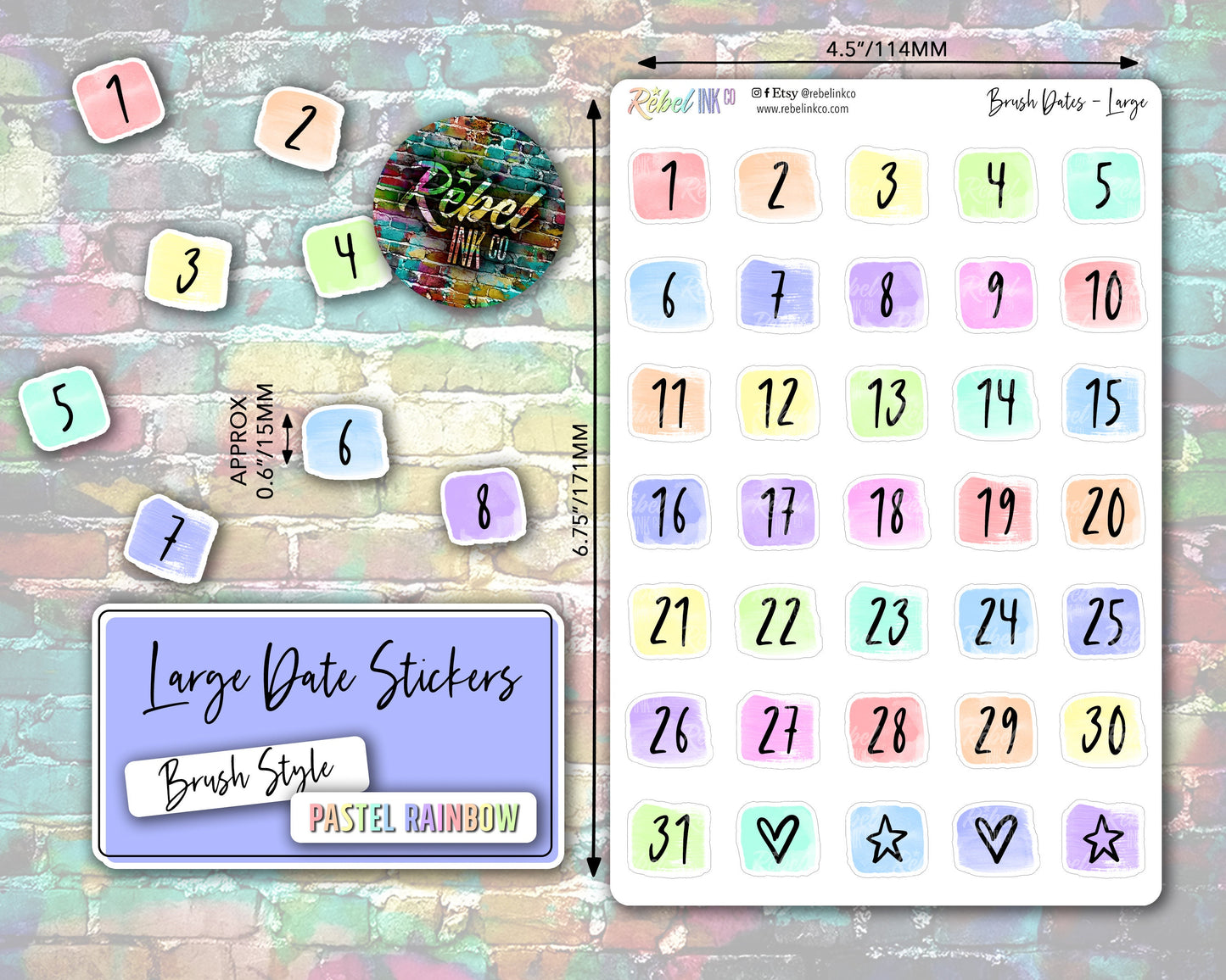 Date Number Stickers - Large - Pastel Rainbow - Brush Style