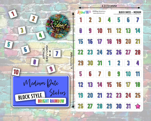 Date Number Stickers - Medium - Bright Rainbow - Block Style