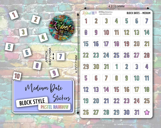 Date Number Stickers - Medium - Pastel Rainbow - Block Style