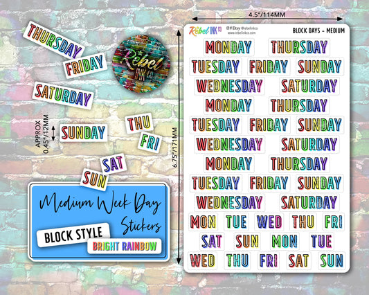 Week Day Stickers - Medium - Bright Rainbow - Block Style