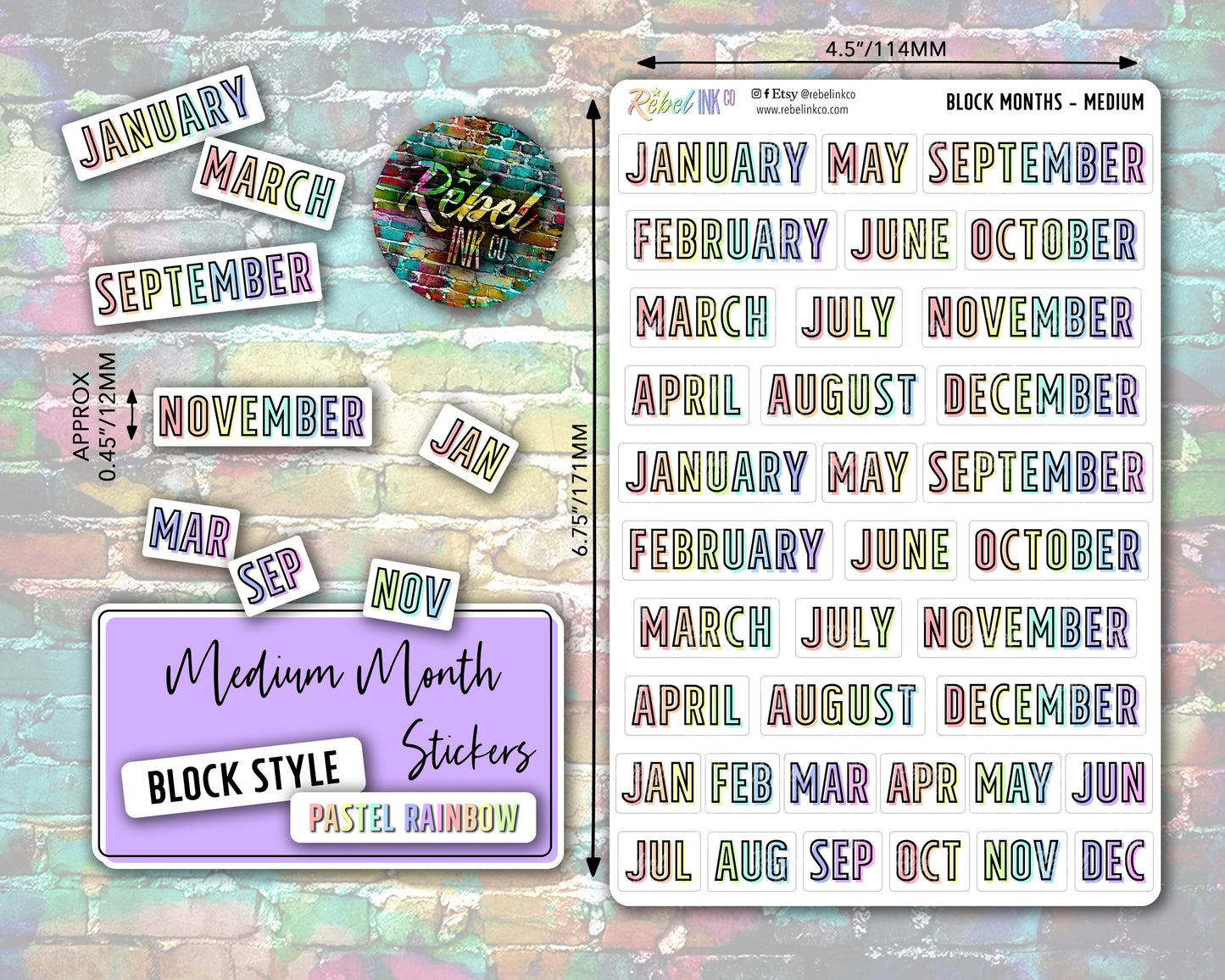 Month Stickers - Medium - Pastel Rainbow - Block Style