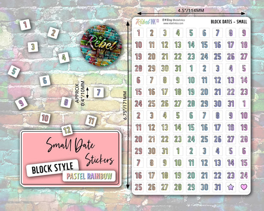 Date Number Stickers - Small - Pastel Rainbow - Block Style