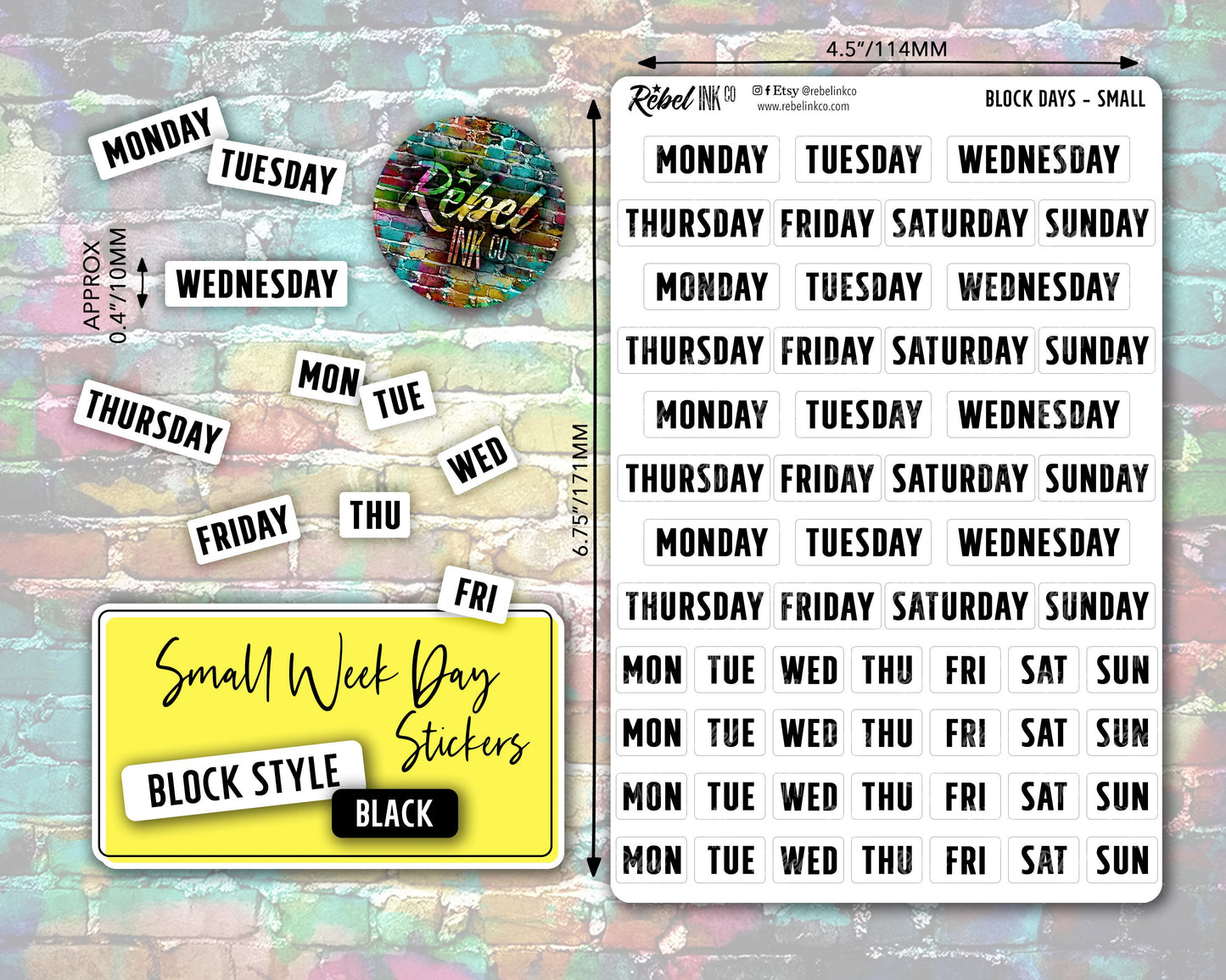 Week Day Stickers - Small - Black - Block Style