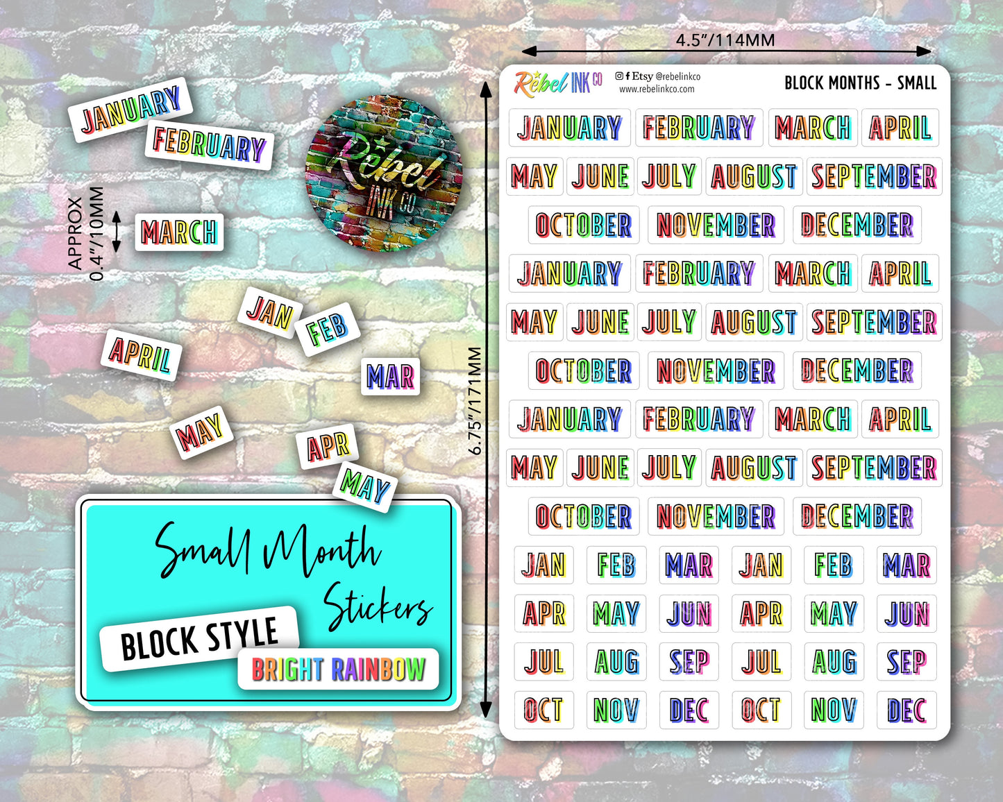 Month Stickers - Small - Bright Rainbow - Block Style