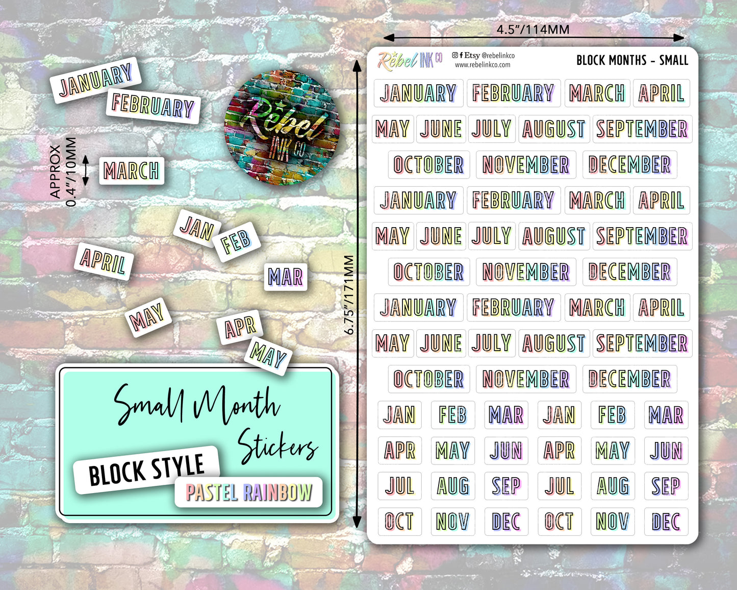 Month Stickers - Small - Pastel Rainbow - Block Style