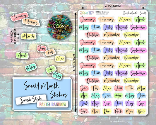 Month Stickers - Small - Pastel Rainbow - Brush Style