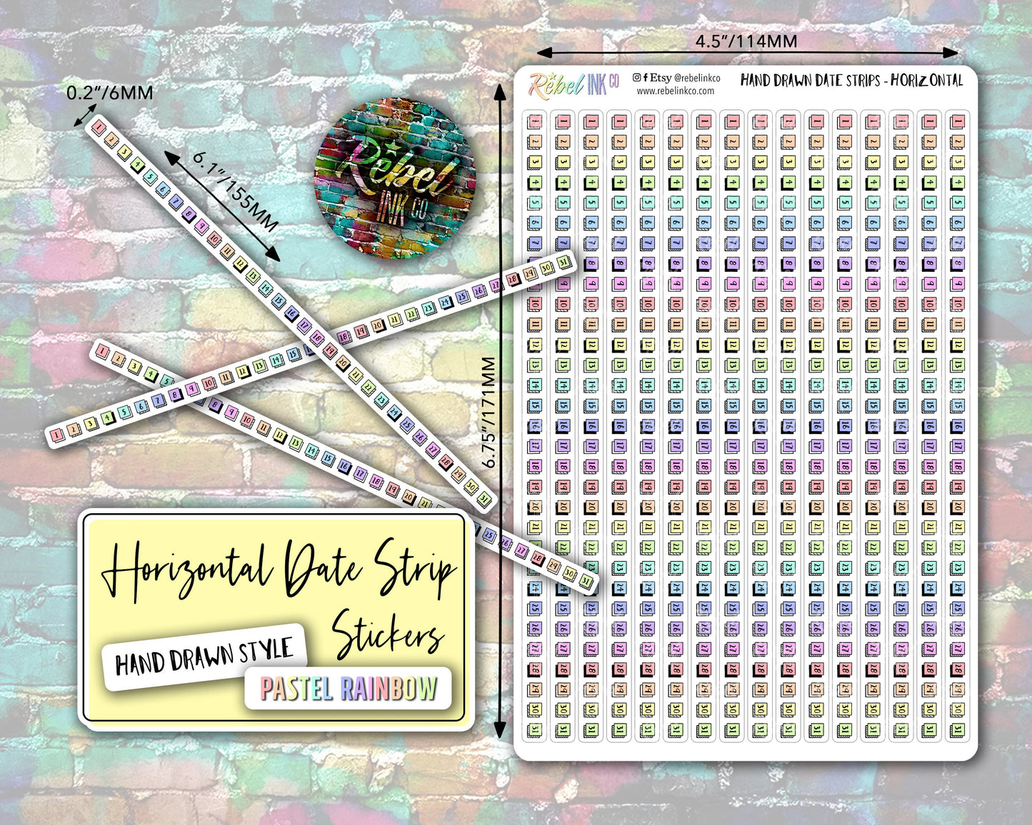 Horizontal Date Strip Stickers - Pastel Rainbow - Hand Drawn Style