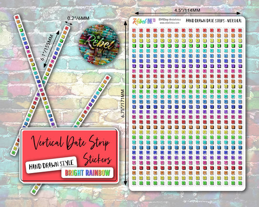 Vertical Date Strip Stickers - Bright Rainbow - Hand Drawn Style
