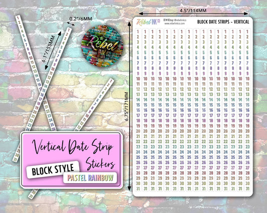 Vertical Date Strip Stickers - Pastel Rainbow - Block Style