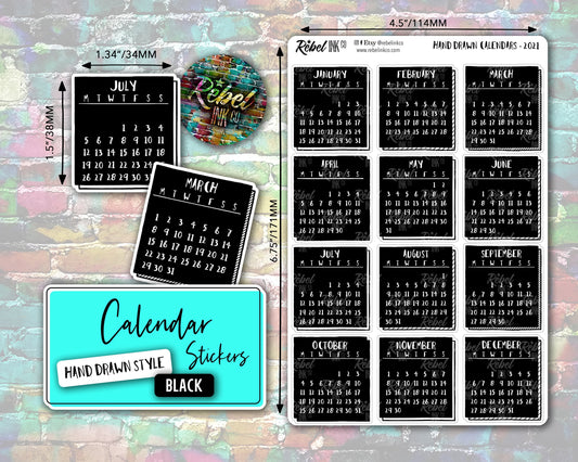 Calendar Stickers - Black - Hand Drawn Style