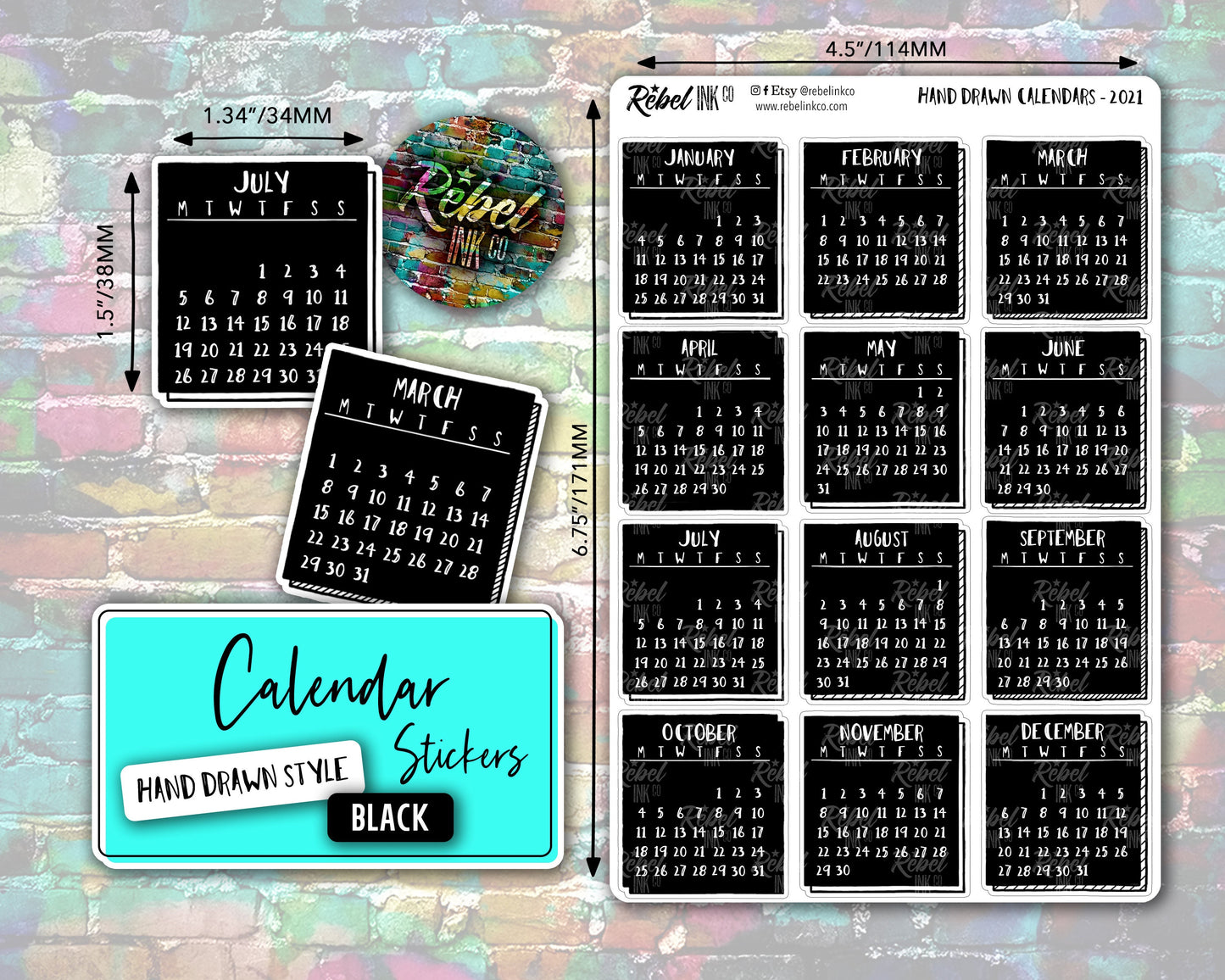Calendar Stickers - Black - Hand Drawn Style