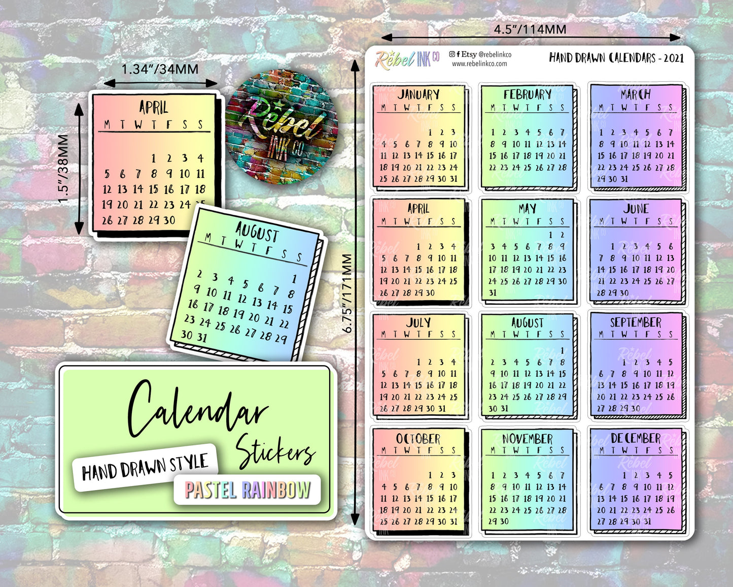 Calendar Stickers - Pastel Rainbow - Hand Drawn Style